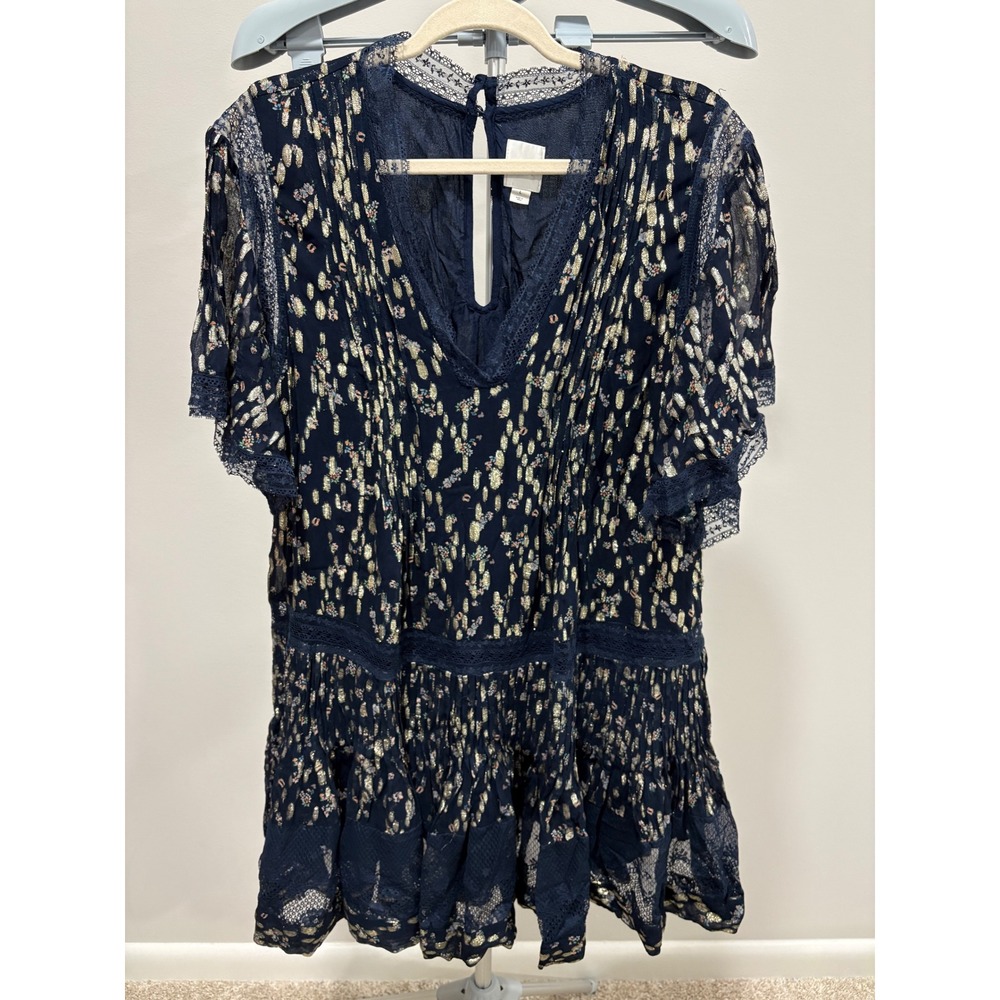 Maeve V-Neck Lurex Tiered Mini Dress Navy Blue Large Gold Lace Short Sleeve